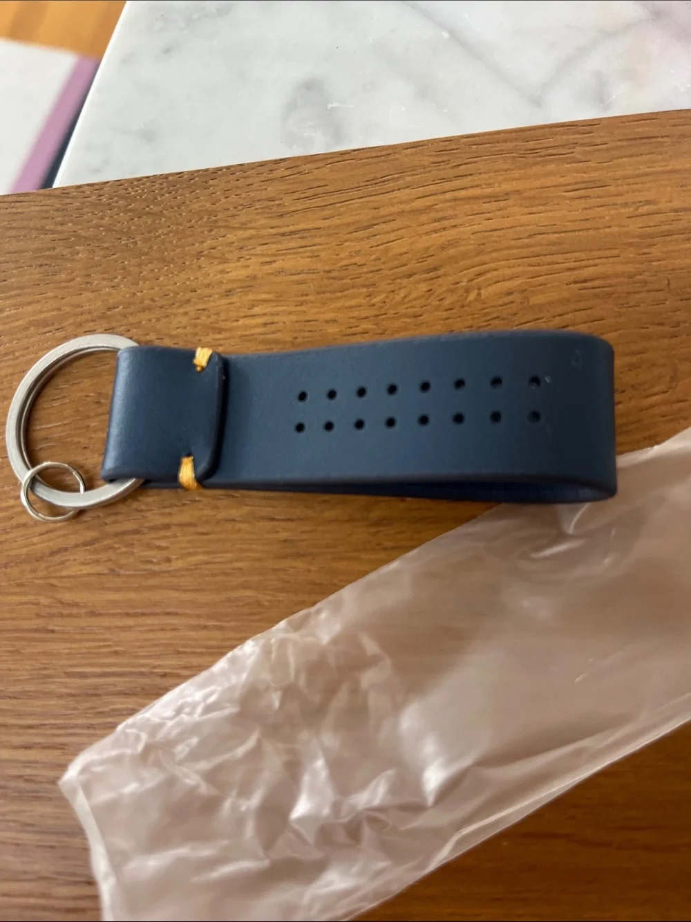 Land Rover Navy Leather Key Fob with Yellow Stitch Accents